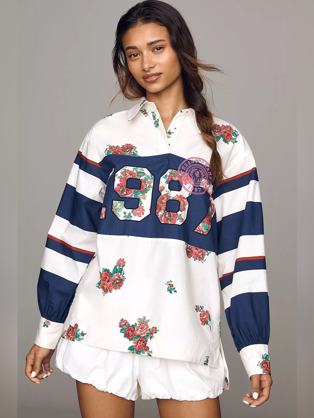 nwt anthropologie maeve 100% cotton rugby shirt in floral 1984 embroidery S $140